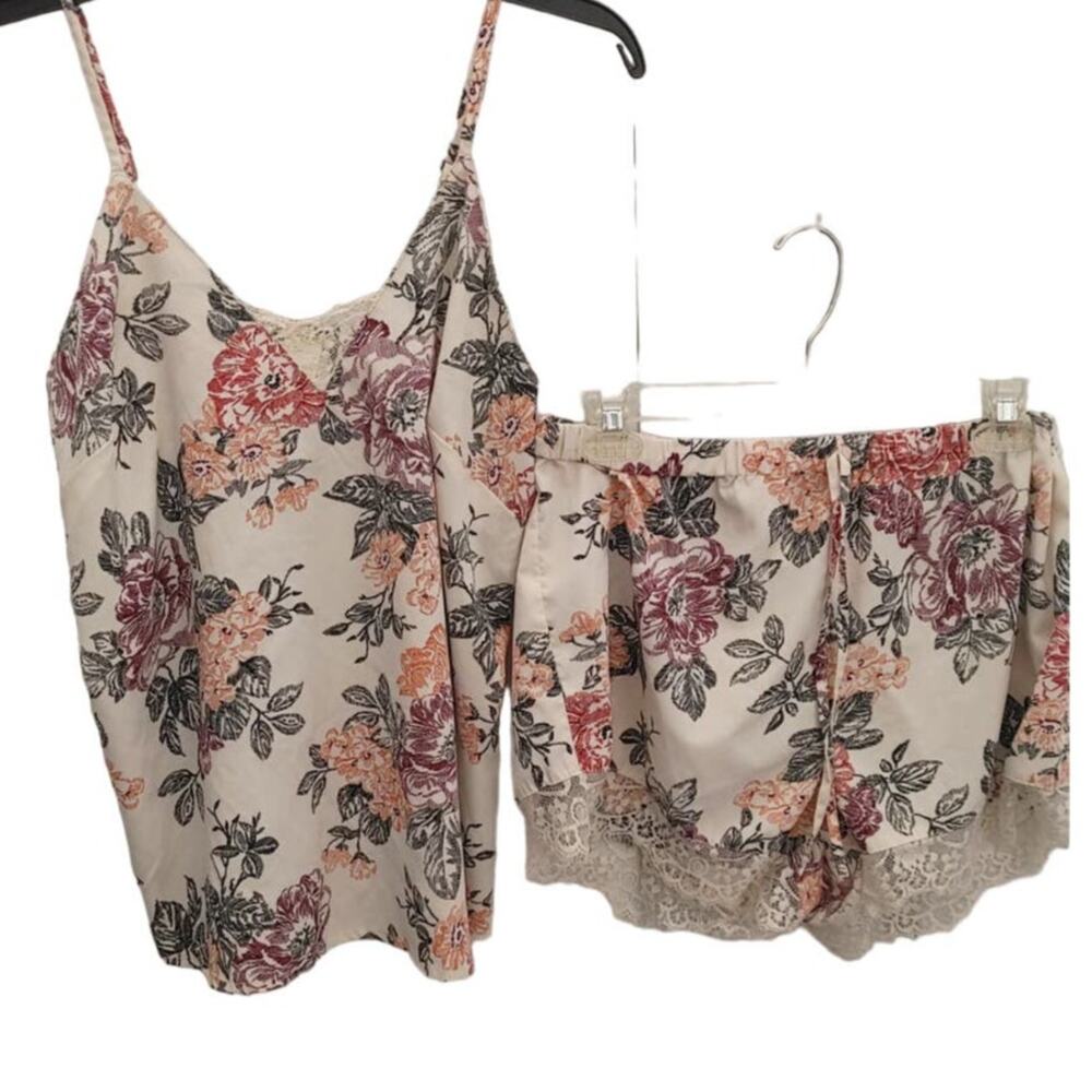Japna Lounge 2 Pc Set Shorts Camisole Lace Floral Print Large